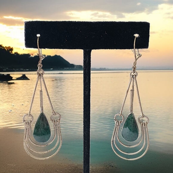 Malachite Green Stone Wire Design Earrings Teardrop Dangle Dainty Bohemian Gypsy - Picture 10 of 16